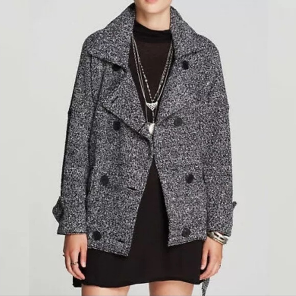 Free People Jacket Small Black Double Breasted Wool Oversized Moto Trench Coat